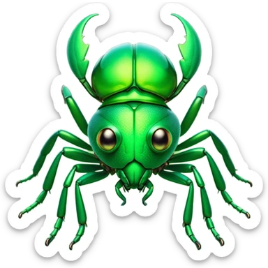 Cinematic Noble Green Bugdie Portrait Emoji, Poised and regal, with a tiny, delicate build and a vibrant, well-detailed emerald exoskeleton, deep-set soulful multifaceted eyes, Simplified yet sharp and sophisticated features, highly detailed, glowing with a soft, dignified glow, high shine, intelligent and alert, stylized with an air of miniature majesty, focused and attentive, soft glowing outline, capturing the essence of a watchful and confident insect, so majestic it feels as though it could scuttle out of the screen with effortless authority! sticker