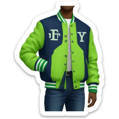 Navy blue college jacket with lime green and white letters sticker