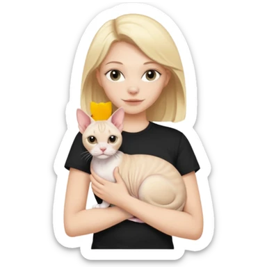 A white girl with blonde hair black T-shirt is holding a white Sphynx girl cat in her arms sticker