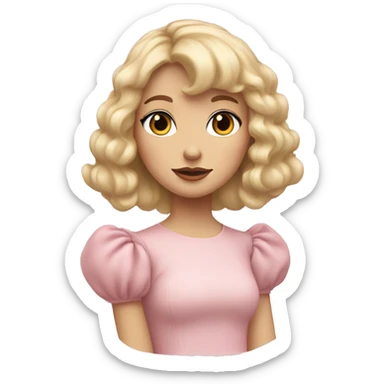 Blonde, pale girl with bangs and curly hair and a pastel pink puff sleeve dress sticker