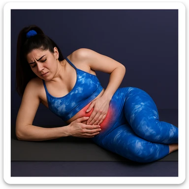 A slender woman in 4K, lying on a mat, knees bent, both hands pressing on the left hip, eyes closed in pain, visibly reddened hip area, inspired by the reference photo. sticker