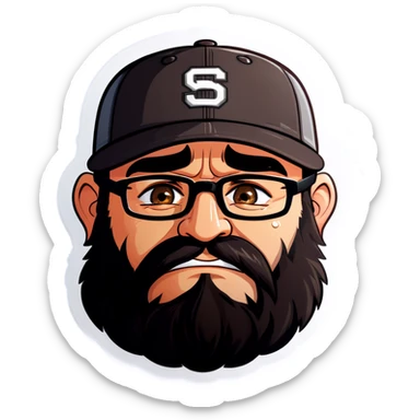 A man with a grey baseball cap, hazel eyes, big dark brown beard and glasses, crying with tears sticker
