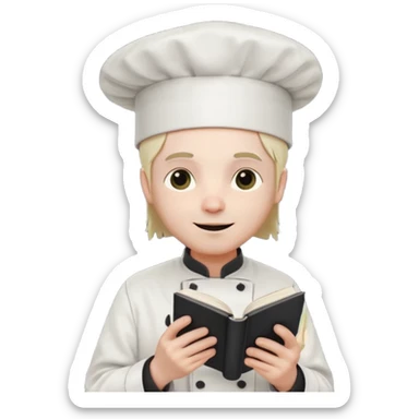 ["A happy man with pale skin, straight hair, wearing a chef hat and no glasses, dressed in goth fashion, is reading a book while holding a camera."] sticker