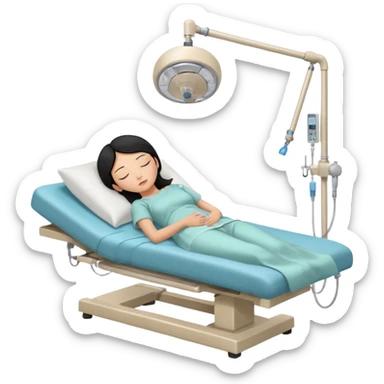 A female patient with black hair lying on an examination bed, head on a pillow and eyes closed, shown in a wide, full-body view in a clean colonoscopy procedure room. No medical staff visible. sticker