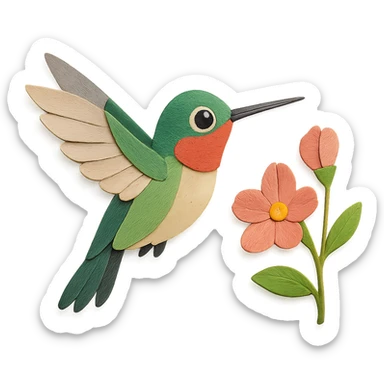 ruby-throated hummingbird in flight, layered paper wings, near blooming pink flowers, expressive eye sticker