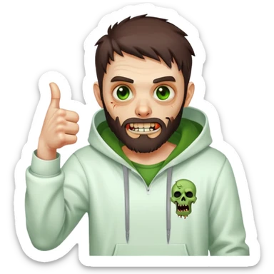 zombie with thumbs up gesture, undercut hairstyle with dark brown hair, short full beard, green eyes, wearing plain white hoodie sticker
