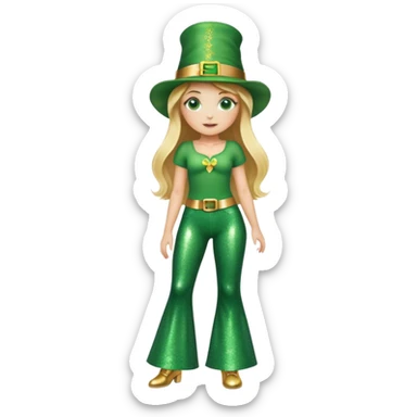 Blonde haired girl in glittery green bell bottoms and tall leprechaun hat sticker