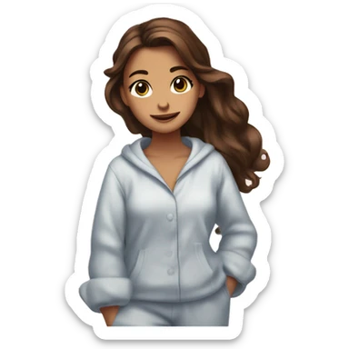 A girl with brown hair, brown eyes, absolutely stunning and gorgeous, and dancing with her pajamas that has Aespa on it sticker