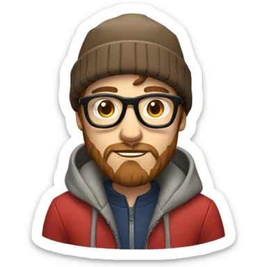a hipster with short brown hair, glasses, a beanie, with a red jacket on, with a light beard sticker