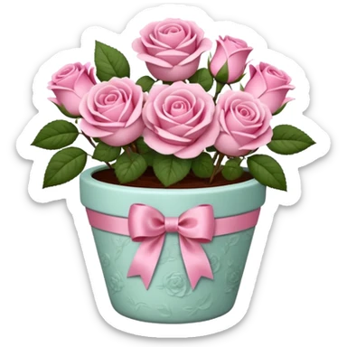 Flower pot with pink roses and ribbon sticker