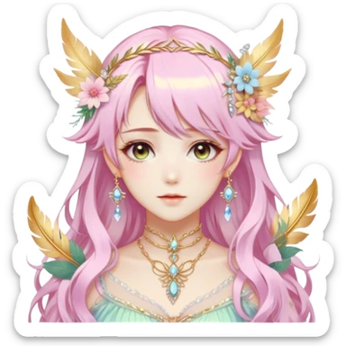 Beautiful gorgeous anime lady with beautiful pastel-special-hair, fashion aesthetic, ethereal, fairycore, pastelcore, feather, flower, crystals, accessories, gold jewelries, gold, colorful, gold laurel, gold halo, cottagecore,  sticker