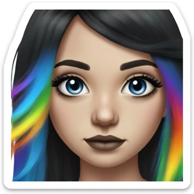 Hyperrealistic drawing white girl blue eyes and long black hair with rainbow fringe. Wearing black crop top and has dark eye makeup on her eyes sticker