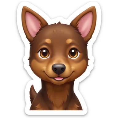Cinematic Cute Brown and Tan Kelpie Portrait Emoji, Head tilted playfully and inquisitively, featuring a glossy brown Fur with vibrant tan accents, round, sparkling warm eyes filled with curiosity, Simplified yet irresistibly adorable features, highly detailed, glowing with a warm, friendly glow, high shine, affectionate and spirited, stylized with a touch of whimsy, bright and endearing, soft glowing outline, capturing the essence of a mischievous yet loving herder, so playful it feels like it could leap out of the screen and into your arms! sticker