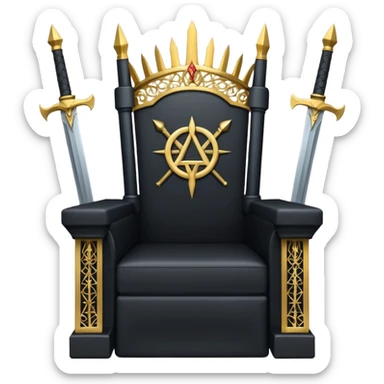 wide big iron black throne made of swords with gold filigree and central Illuminati symbol sticker