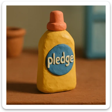 claymation style close-up of Pledge-like furniture polish bottle on a wooden table, soft lighting, pastel colors sticker