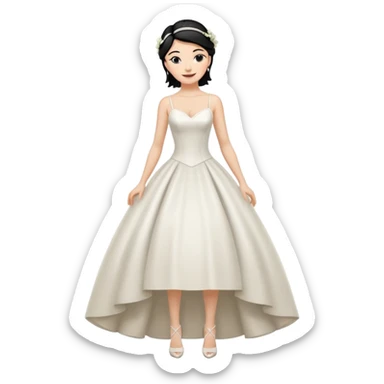 Chica blanca,cuerpo entero, vestido boda tirantes finos, pelo negro recogido con mechones y zapatos tacon sticker