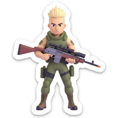 muscular soldier with a mohawk hairstyle and sniper rifle, confident stance, tactical gear sticker