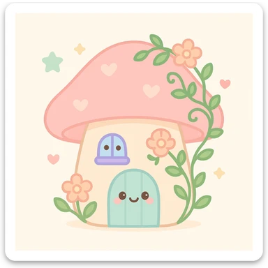 a pink mushroom house with vines and flowers, cottagecore style, dreamy and cozy sticker