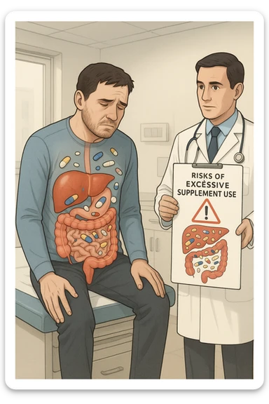 a man sits on a doctor’s examination table, looking fatigued and uncomfortable. A transparent anatomical overlay reveals his liver and intestines, both appearing inflamed and congested, with stylized supplement capsules and pills scattered throughout the digestive tract. The doctor stands nearby, holding a chart that highlights the risks of excessive supplement use. The mood is clinical and educational. sticker