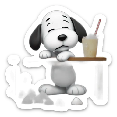Snoopy (full body, standing) holding a straw in his hand against his nose bent over a table sucking up a pile of sugar sticker