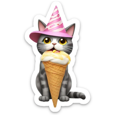 Cat wearing a birrhday hat and licking an ice cream cone sticker