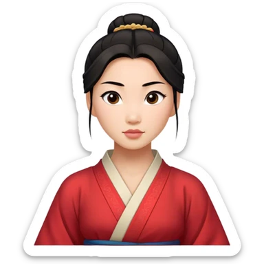 Cinematic Realistic Timeless Mulan Portrait, featuring a serene and confident Mulan with intricately detailed, natural light skin and precisely styled dark hair in a traditional bun. Her expression is calm and assured, and her simple, traditional robe is rendered with realistic textures and delicate, natural folds that catch the light beautifully. The portrait is illuminated by soft, ambient light that creates a natural, radiant finish and subtle glowing outline, perfectly capturing her enduring beauty and quiet strength in a timeless, realistic manner. sticker