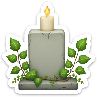 Gravsten med lite ivy som klättrar på den och framför i gräs ett stående vitt brinnande blockljus sticker