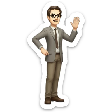 Full height Actively gesturing with hands Pale skinned fit man with dark brown hair in gray jacket, beige office shirt, brown tie, brown pants and vintage glasses. sticker