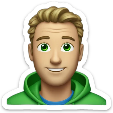 a man, green eyes, blue sweatshirt, green rubies on his head, waves hello sticker