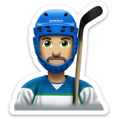 hockey player wearing blue helmet, with green eyes and beard sticker