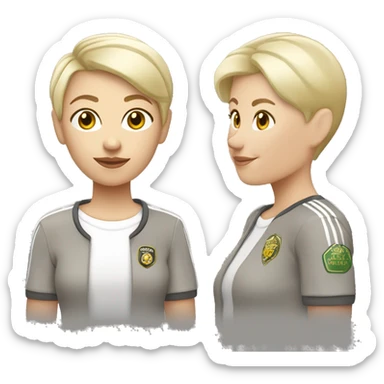 Jesse Maley pretty older white female with platinum blonde, pixie, cut haircut and golden skin and aleeds united shirt and badge sticker
