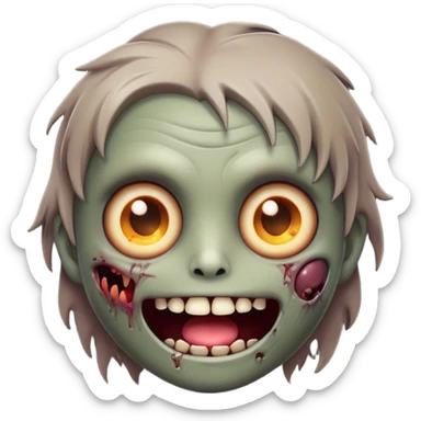 Cinematic Cute Zombie Portrait Emoji, with a delightfully quirky, slightly disheveled face in muted ashen hues, featuring quirky bright eyes and a playful, stitched-together smile, simplified yet irresistibly charming, highly detailed with a soft glowing outline that captures the adorable, offbeat spirit of a zombie who’s more cute than creepy! sticker