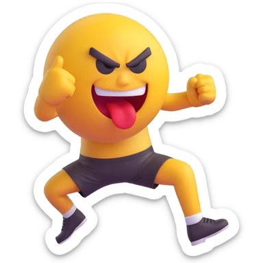 grotesque, angry emoji face executing a powerful high kick, ball and damaged wire mesh fence, bold and intense sticker