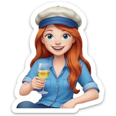 Laughing redhead with long hair and blue eyes wearing cap holding white wine sitting in chair beside fire pit sticker