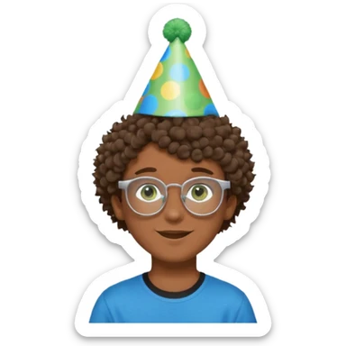 A boy with curly brown hair and green eyes with a happy face, and wear square glasses.He’s also got a full silver birthday party hat on his head with blue pom poms on top of it, and his T-shirt is all black, he wears a little gold circle earrings on his left  sticker