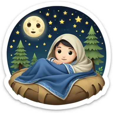 moon tucked into blanket by tiny forest alchemist sticker