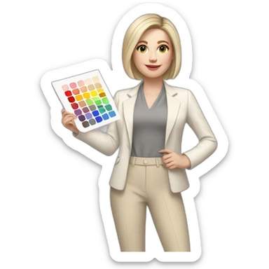 Full height pale skin woman with ash blonde Straightened bob Hair, White classical jacket, beige Arrow pants and gray blouse holding a color palette in the hands sticker