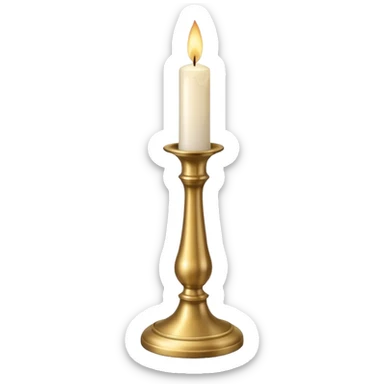 A tall brass candlestick with a thin white candle and soft flame. sticker