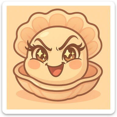 Create a version with an even more mischievous expression, very expressive and luminous eyes, elegant eyelashes, and strongly accentuated pastel, pearly, cream, peach, and greige shades, while keeping the large shell, the small oyster, the pastel toon style, and the background. sticker