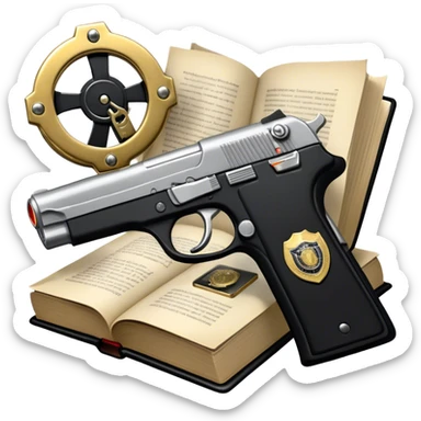 Icon for Action & Crime Reading: an open book with dramatic action scenes, surrounded by a gun, handcuffs, a badge, and a shadowy figure. The icon should evoke suspense, danger, and intrigue of crime and action stories. Transparent background. sticker