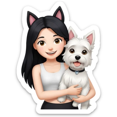 A girl with long black hair wearing a white crop top and black legging,she is smiling and hugging a west highland terrier with big ears  sticker