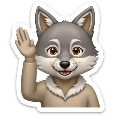 happy gray wolf in a white dishdasha, brown eyes, right hand raised, fursuit style emoji icon sticker