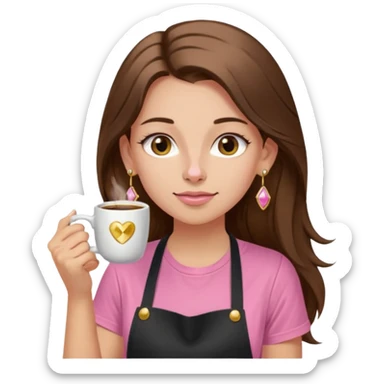 Fille cheveux long châtain, peau beige type européen, teeshirt rose avec un tablier noir, piercing au nez anneau doré, boucle d’oreille diamant doré. Elle boit un café sticker