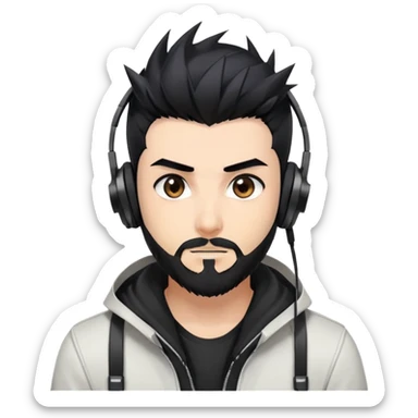 Highly detailed anime-style man with spiky black hair, expressive brown eyes, neat black beard, wearing professional gaming headphones, sharp facial features, anime shading and highlights sticker