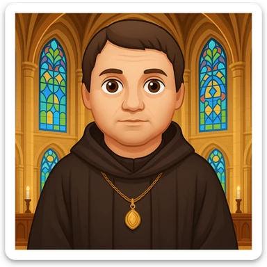 Add a church background behind Martin Luther in monk robes, in the style of apple emojis, preserving the apple emoji style look and feel. sticker
