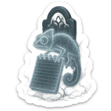 Notepad++ logo reimagined as a Spirit Ash from Elden Ring, featuring the Notepad++ notepad and chameleon as a ghostly, spectral summon with a glowing white outline and ethereal mist, set in front of a mystical gravestone background, matching the style of Elden Ring Spirit Ashes, transparent background sticker