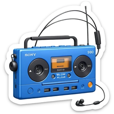 Blue Sony Walkman portable cassette player from the 1980s with headphones sticker
