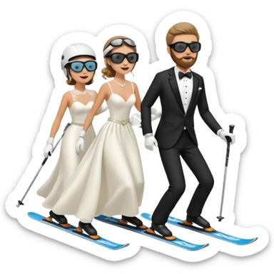 a couple skiing they both have ski helmets and goggles on , man with a beard in a tux and woman in a wedding dress on their skiis going down a slope.  sticker