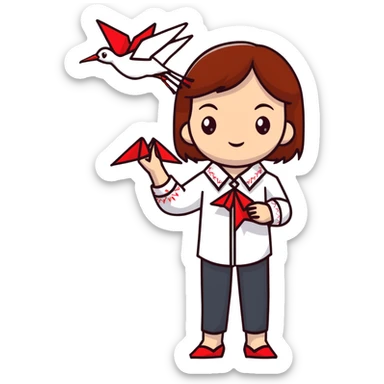 Happy Ukrainian young girl with brown hair in a white embroidered shirt holds an origami red crane sticker