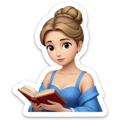 Cinematic Elegant Belle Portrait Emoji, Sitting with an open book, eyes dreamy with thought, her iconic blue village dress draped gracefully, exuding intelligence, kindness, and timeless charm! sticker